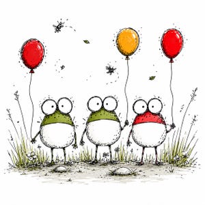 May include: A whimsical ink and watercolor illustration featuring three round, wide-eyed frogs standing in grass. Two frogs are green and one is red-topped. They hold thin strings attached to three floating balloons in red, yellow, and red.