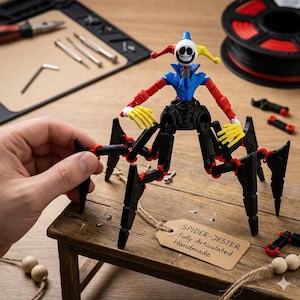 May include: A multi-legged spider-jester action figure with a white mask, blue torso, red arms, and yellow hands. The figure has black legs and a tag that reads SPIDER-JESTER Fully Articulated Handmade. It is positioned on a small wooden table.