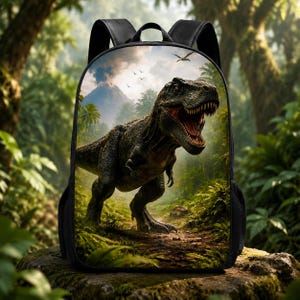 May include: A black backpack featuring a large, detailed graphic print of a Tyrannosaurus Rex standing in a prehistoric jungle landscape with a volcano in the background, black shoulder straps, and side mesh pockets for storage.