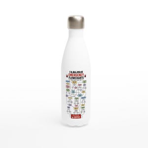 Könnte beinhalten: Eine weiße Edelstahl-Trinkflasche mit silbernem Verschluss. Auf der Vorderseite befindet sich eine bunte Grafik mit dem Titel TEACHER EMERGENCY FLOWCHARTS, die verschiedene Entscheidungsboxen und Pfeile zeigt, die in einem roten Feld FINAL DECISION COFFEE enden.