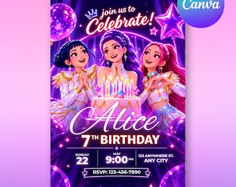 Invitation d'anniversaire Kpop Demon Hunters, invitation de fête Canva modifiable, modèle d'anniversaire violet néon, téléchargement numérique