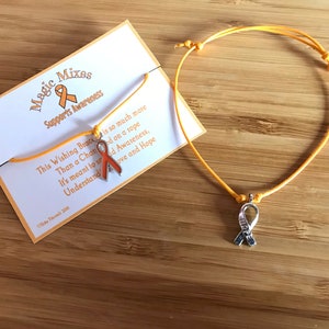 May include: An orange awareness ribbon charm bracelet with a matching card. The card reads "Magic Mixes Supports Awareness" and includes the text "This Wishing Bracelet is so much more than a charm on a rope..." The bracelet is on a wooden surface.