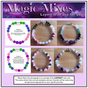 May include: Three examples of gemstone bracelets with different layouts. The first bracelet has a grouping pattern, the second has a repeating pattern, and the third has a grouping pattern. The bracelets are made with amethyst, rose quartz, green aventurine, and lapis lazuli gemstones. The text "Magic Mixes Laying it all out for you!" is at the top of the image. The text "Please Note, this photograph is an example of the LAYOUT style only. The stones shown here are just examples, and your bracelet will be made using the gemstones appropriate to your specific purchase." is at the bottom of the image.