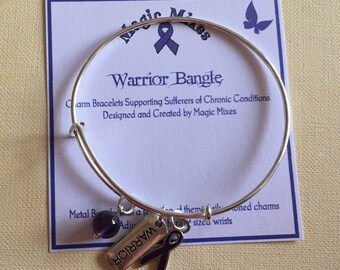 ON SALE Warrior Gemstone & Charm Bangle, fighting Fibromyalgia, Lupus, Purple Ribbon Awareness Bangle for Chronic Conditions