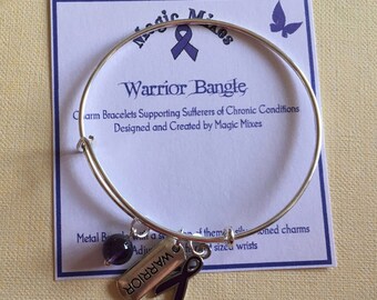 ON SALE Warrior Gemstone & Charm Bangle, fighting Fibromyalgia, Lupus, Purple Ribbon Awareness Bangle for Chronic Conditions