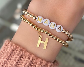 Gold Initial Charm Bracelet - Custom Name Bead Bracelet Set - Personalized Mama Bracelet Stack - Kid Initial Bracelet Gift For Mom to Be