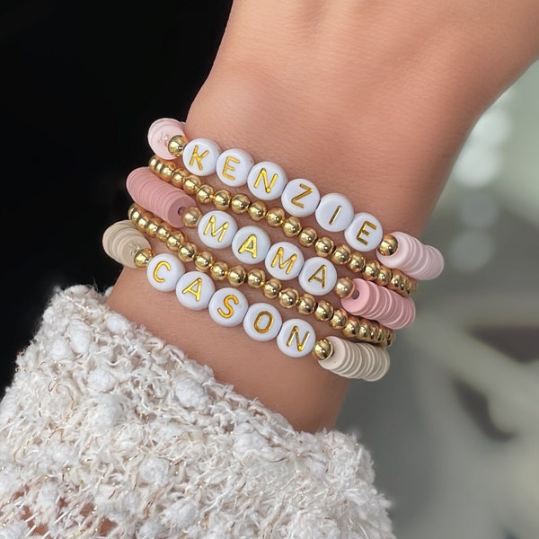 Personalized Name Bracelets - Custom Word Bracelet - Heishi Bead Name Bracelet Stack - Women's Beaded Mama Bracelet