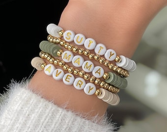 Personalized Name Bracelets - Custom Word Bracelet - Heishi Bead Name Bracelet Stack - Women's Beaded Mama Bracelet