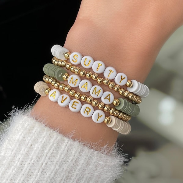 Personalized Name Bracelets - Custom Word Bracelet - Heishi Bead Name Bracelet Stack - Women's Beaded Mama Bracelet