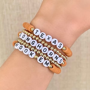 Texas Longhorns Bracelet, Hook Em Bracelet, University of Texas Longhorn Jewelry, Game Day College Graduation Gifts for Her