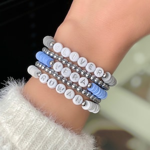 Personalized Silver Name Bracelets - Custom Word Bracelet - Heishi Bead Name Bracelet Stack - Women's Beaded Mama Bracelet