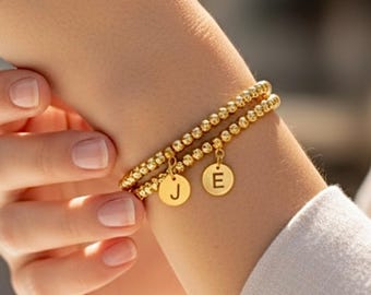 Personalized Gold or Silver Beaded Initial Bracelet, Mixed Metal Custom Charm Bracelet