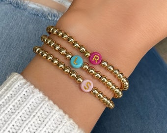 Colorful Gold Letter Bead Bracelets, Personalized Name Bracelet, Custom Gold Stacking Bracelet, Mama Word Bracelet