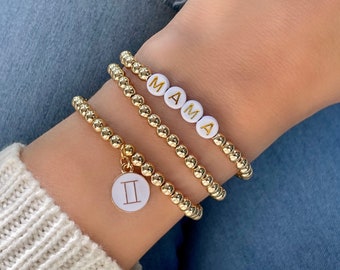 Gold Bead Personalized Name Bracelet, Custom Gold Stacking Letter Bracelet, Mama Word Bracelet