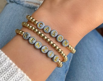 Gray and Gold Letter Bead Bracelets, Personalized Name Bracelet, Custom Gold Stacking Bracelet, Mama Word Bracelet