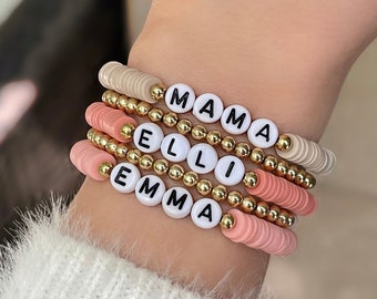 Personalized Name Bracelets - Custom Word Bracelet Stack - Women's Beaded Mama Bracelet Set