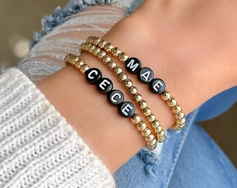 Black Letter Personalized Name Bracelets, Gold Bead Name Bracelet, Custom Gold Stacking Bracelet, Mama Word Bracelet