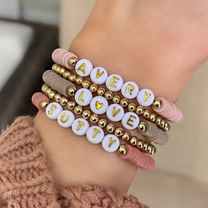 Personalized Name Bracelets - Custom Word Bracelet - Heishi Bead Name Bracelet Stack - Women's Beaded Mama Bracelet