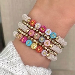 Personalized Colorful Name Bracelets - Custom Word Bracelet - Heishi Bead Name Bracelet Stack - Women's Beaded Mama Bracelet