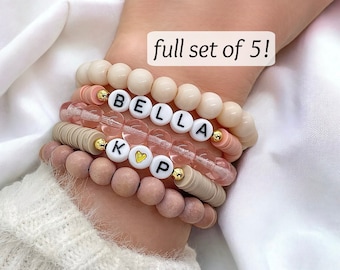 Set of 5 Personalized Beaded Name Bracelets - Mama Bracelet Gift Set for Mom - Custom Handmade Jewelry For Women