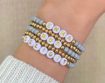 Gray Bead Personalized Name Bracelets - Custom Word Bracelet - Beaded Name Bracelet Stack - Women's Beaded Mama Bracelet