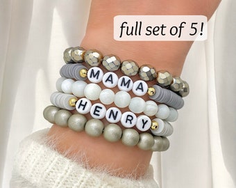 Set of 5 Personalized Beaded Name Bracelets - Mama Bracelet Gift Set for Mom - Custom Handmade Jewelry for Women