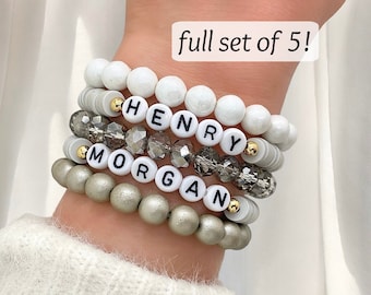 Set of 5 Personalized Beaded Name Bracelets - Mama Bracelet Gift Set for Mom - Custom Handmade Jewelry for Women