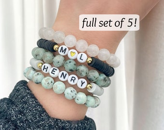 Set of 5 Personalized Beaded Name Bracelets - Mama Bracelet Gift Set for Mom - Custom Handmade Jewelry for Women