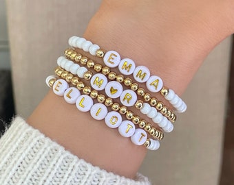 White Bead Personalized Name Bracelets - Custom Word Bracelet - Beaded Name Bracelet Stack - Women's Beaded Mama Bracelet