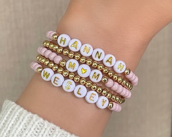 Pink Bead Personalized Name Bracelets - Custom Word Bracelet - Beaded Name Bracelet Stack - Women's Beaded Mama Bracelet