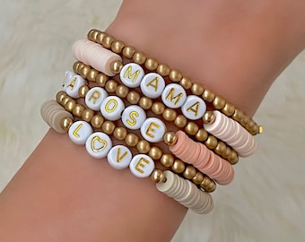 Personalized Name Bracelets - Custom Word Bracelet - Heishi Bead Name Bracelet Stack - Women's Beaded Mama Bracelet