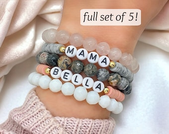 Set of 5 Personalized Beaded Name Bracelets - Mama Bracelet Gift Set for Mom - Custom Handmade Jewelry for Women
