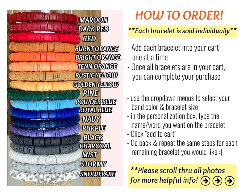 Puede incluir: Una variedad de pulseras coloridas en tonos granate, rojo, naranja, amarillo, verde, azul, morado, negro, gris y blanco. La imagen tambi&eacute;n incluye texto con instrucciones para pedir las pulseras.