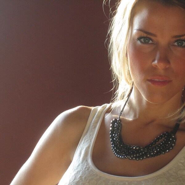 Statement Black and Gray Cluster Beaded Necklace on Mesh Chain