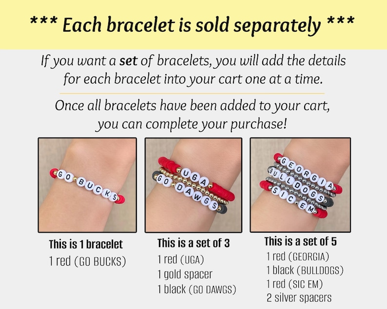 Puede incluir: Tres pulseras de cuentas con cuentas de letras blancas que deletrean "GO BUCKS", "UGA GO DAWGS" y "GEORGIA BULLDOGS SIC EM". Las pulseras son rojas, negras y plateadas, con espaciadores dorados. El texto dice que cada pulsera se vende por separado.