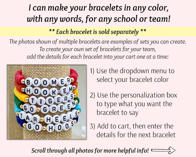 Puede incluir: Una pila de pulseras de cuentas de colores con cuentas de letras blancas que deletrean nombres de equipos. El texto de la imagen dice: "&iexcl;Puedo hacer tus pulseras en cualquier color, con cualquier palabra, para cualquier escuela o equipo!" y "Cada pulsera se vende por separado."