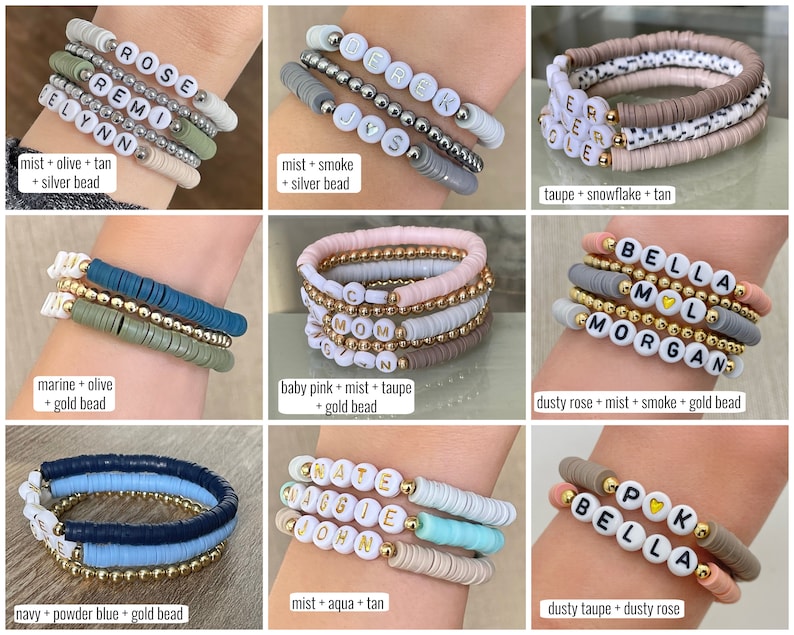 May include: A set of colorful beaded bracelets with personalized names, including "Rose Remy Elynn", "Derek Jys", "Er Ear Ole", "Bella Mol Morgan", "Onate Waggie John", and "Bella Gpk". The bracelets are made with different colors of beads, including pink, blue, green, and brown.