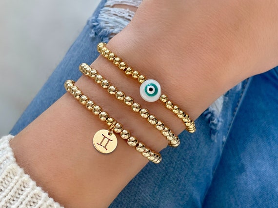 Gold Bead Evil Eye Protection Bracelet, Zodiac Sign Charm Bracelet, Personalized Astrology Gifts - Etsy