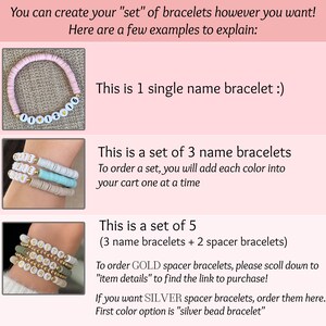 May include: Three examples of personalized bracelets with different color beads and gold lettering. The first bracelet is pink with the name "Olivia" spelled out. The second bracelet is a set of three bracelets with the names "Katie", "Erin", and "Lily" spelled out. The third bracelet is a set of five bracelets with the names "Mommy", "Daddy", "Sister", and "Brother" spelled out.