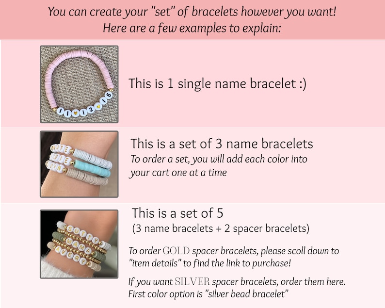 May include: Three examples of personalized bracelets with different color beads and gold lettering. The first bracelet is pink with the name "Olivia" spelled out. The second bracelet is a set of three bracelets with the names "Katie", "Erin", and "Lily" spelled out. The third bracelet is a set of five bracelets with the names "Mommy", "Daddy", "Sister", and "Brother" spelled out.