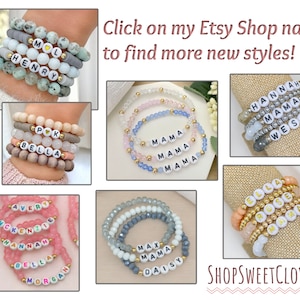 May include: A collection of colorful beaded bracelets with personalized names, including "Henry", "Bella", "Hannah", "Wesley", "Avery", "Mckenzie", "Morgan", "Max", "Daisy", and "Ella". The bracelets are made with different colored beads and gold letters. The image includes the text "Click on my Etsy Shop name to find more new styles!" and "SHOPSWEETCLOVER".