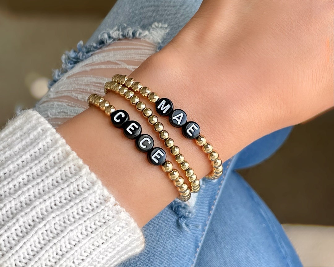 Black Letter Personalized Name Bracelets, Gold Bead Name Bracelet