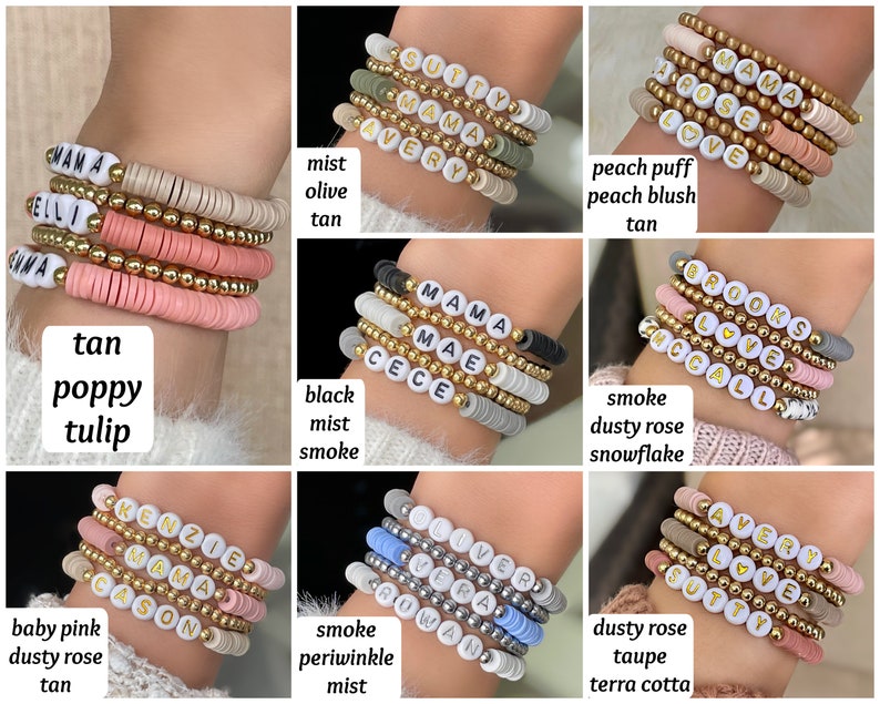 May include: A collection of colorful beaded bracelets with different names spelled out on them. The bracelets are made with small, round beads in various colors, including pink, tan, black, white, and gray. The names on the bracelets include "Mama", "Ellie", "Ava", "Avery", "Brooks", "Kenzie", "Cason", "Luver", "Vera", "Rowan", and "Sutty".