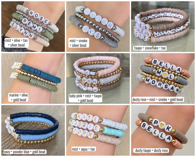 May include: A collection of colorful beaded bracelets with different names spelled out on them. The bracelets are made with various colors of beads, including pink, blue, green, and brown. Some bracelets have gold beads and silver beads.