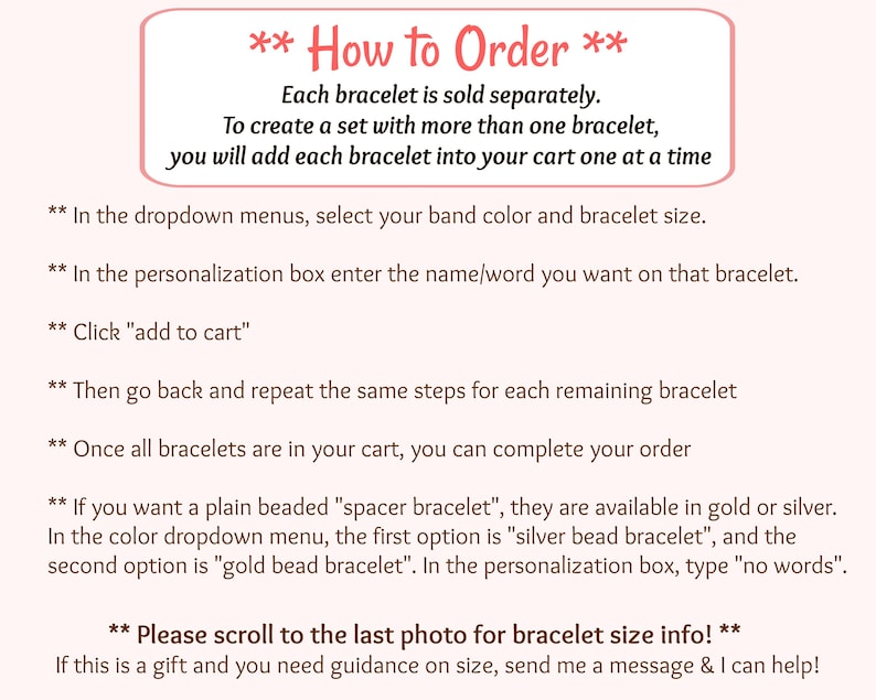 Puede incluir: Gr&aacute;fico rosa y blanco con instrucciones sobre c&oacute;mo pedir pulseras. El texto explica c&oacute;mo seleccionar el color y tama&ntilde;o de la banda, personalizar con un nombre y agregar al carrito. Tambi&eacute;n menciona pulseras espaciadoras.