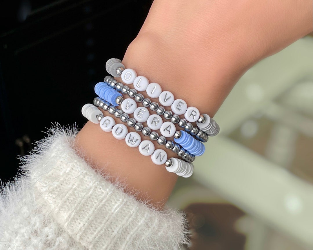 Personalized Silver Name Bracelets Custom Word Bracelet Heishi Bead Name Bracelet Stack Women's
