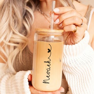 Custom Glass Tumbler with Name, Personalized Glass, Tumbler with lid & straw, Iced Coffee Glass, Bridal Party, Bridesmaid Proposal Gift