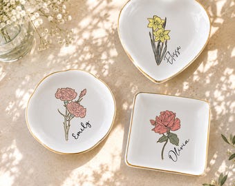 Personalized Birth Flower Trinket Dish, Custom Flower Ring Dish, Bridesmaid Proposal Gift, Birthday Jewelry Dish, Christmas Gifts
