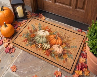 Fall Pumpkin Doormat, Autumn Harvest Welcome Mat, Thanksgiving Door Mat, Farmhouse Housewarming Gift