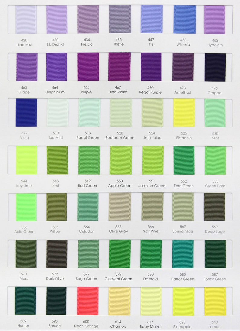 May include: A color chart of 36 different colors of ribbon. The colors are arranged in rows and columns, with each color labeled with a number and a name. The colors include lilac mist, light orchid, fresco, thistle, iris, wisteria, hyacinth, grape, delphinium, purple, ultra violet, regal purple, amethyst, grappa, viola, ice mint, pastel green, seafoam green, lime juice, pistachio, mint, key lime, kiwi, bud green, apple green, jasmine green, fern green, green flash, acid green, willow, celadon, olive gray, soft pine, spring moss, deep sage, moss, dark olive, sage green, classical green, emerald, parrot green, forest green, hunter, spruce, neon orange, chamois, baby maize, pineapple, and lemon.